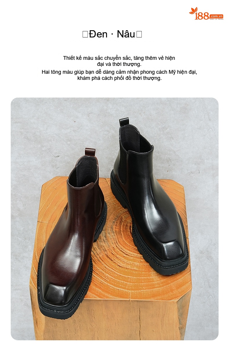 Boot Chelsea Nam Da Bóng Cao Cổ Đế Dày Chiều Cao Đế Khoảng 4cm Màu Đen, Nâu chi tiết 3