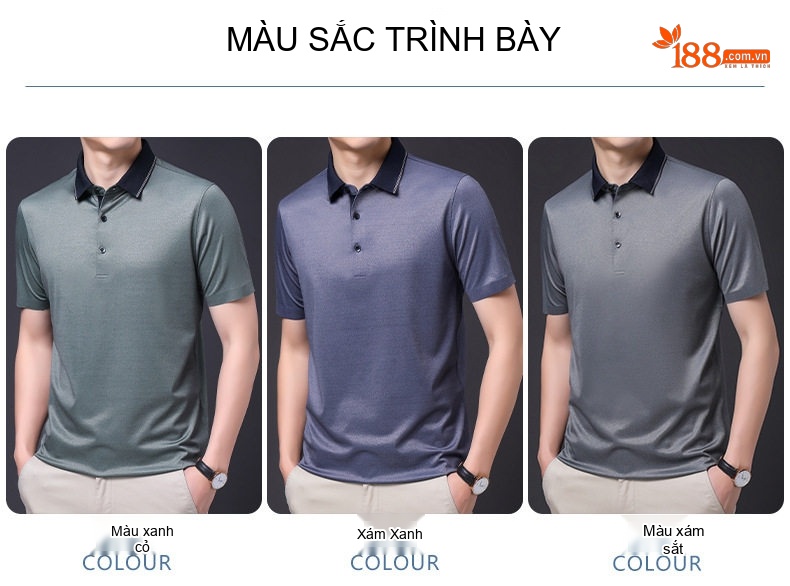 Áo Polo Nam Lụa Tằm Tay Ngắn Dáng Rộng Thoải Mái Chống Nhăn Màu Xám, Xanh, Đen chi tiết 7