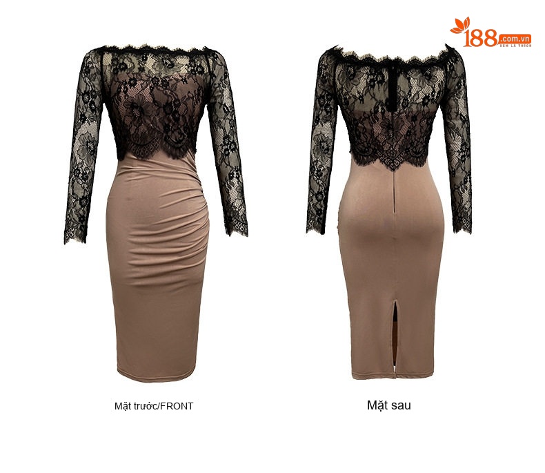 Đầm Ôm Body Nữ Cổ Trễ Tay Dài Phối Ren Thiết Kế Thu Đông Màu Đen, Nude chi tiết 5