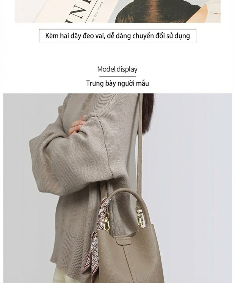 Túi Xách Tay Nữ Da Thật Đeo Chéo Dáng Thùng Phong Cách Thời Trang Màu Nâu chi tiết 5