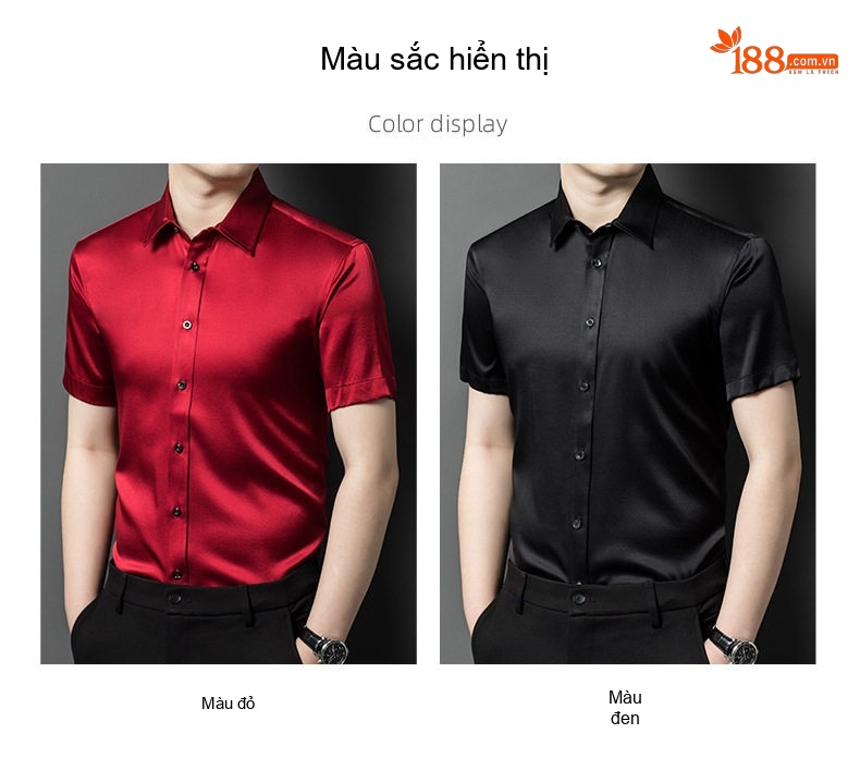 Áo Sơ Mi Nam Tay Ngắn Lụa Tơ Tằm Cao Cấp Màu Đen, Đỏ chi tiết 8