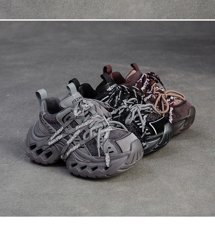 Giày Sneaker Nữ Đế Xuồng Dây Buộc Phong Cách Retro Chiều Cao Đế Khoảng 5cm Màu Đen, Xám, Nâu chi tiết 19