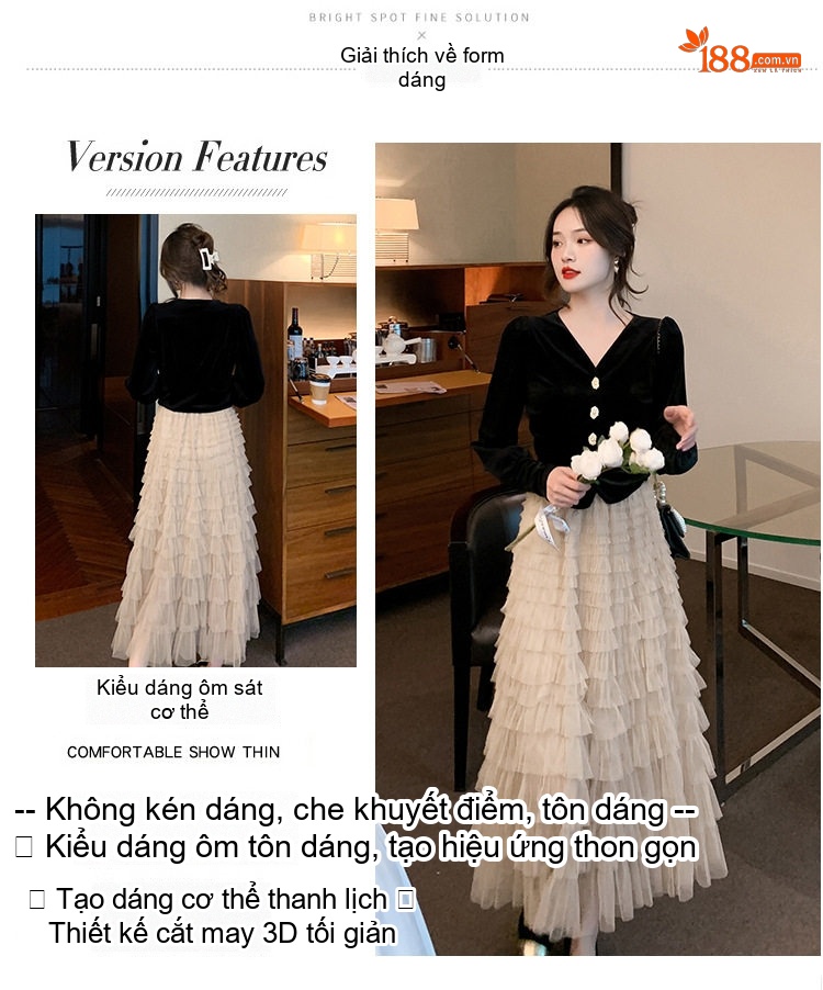 Set Áo Nhung Tay Dài Cổ chữ V Chân Váy Bánh Bèo Dáng Dài Nữ Tính Màu Đen, Kem chi tiết 3