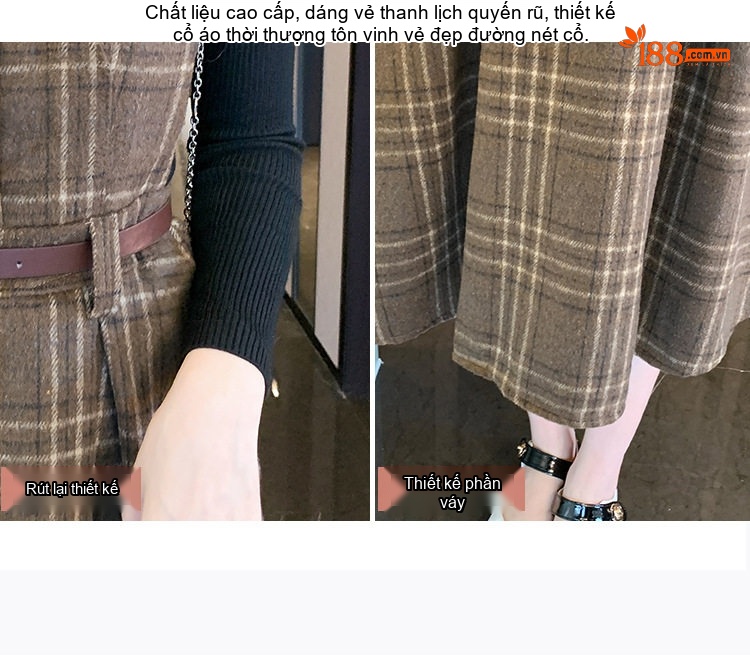 Set Váy Yếm Kẻ Caro A Chữ Thu Đông Pháp Cổ Điển Kèm Áo Màu Nâu chi tiết 4