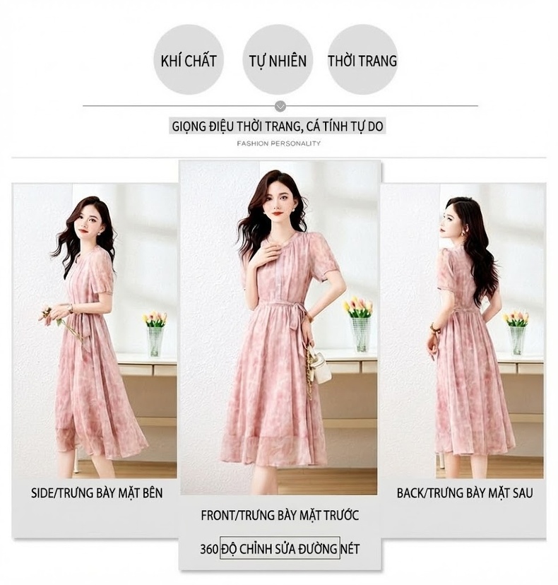Đầm Xòe Nữ Tay Ngắn Thiết Kế Thanh Lịch Thoáng Mát Chất Liệu Voan Màu Hồng, Xám chi tiết 3