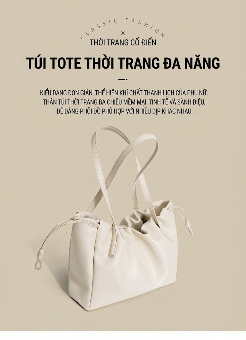 Túi Tote Da Bò Pháp Túi Kẹp Nách Nhún Bèo Đeo Vai Da Thật Màu Kem chi tiết 5