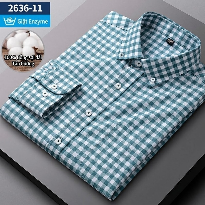 Áo Sơ Mi Nam Tay Dài Cotton Oxford Giặt Nước Kẻ Caro Mặc Đơn Giản Lót Trong Công Sở Màu Trắng, Xanh Dương, Xám, Hồng...
