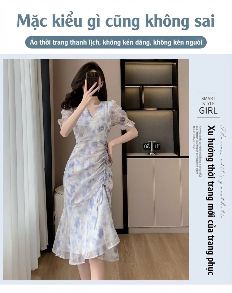 Váy Xòe Nữ Voan Hoa Nhí Tay Ngắn Cổ chữ V Chân Váy Bèo Nhún Eo Thun Dáng Ngắn Màu Trắng Xanh chi tiết 4
