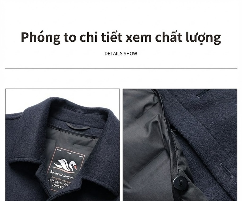 Áo Khoác Nam Dáng Ngắn Hai Mặt Lớp Lót Lông Vũ Tháo Rời Màu Xám, Nâu, Đen chi tiết 4