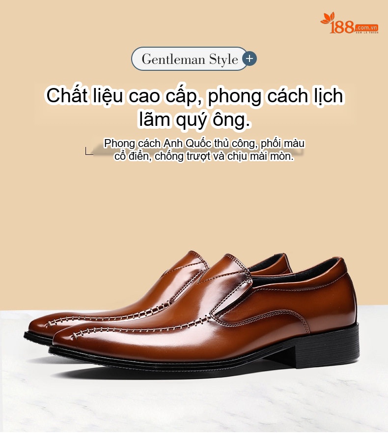 Giày Lười Nam Da Bò Mũi Nhọn Thoáng Khí Chiều Cao Đế Khoảng 3cm Màu Nâu, Đen chi tiết 1