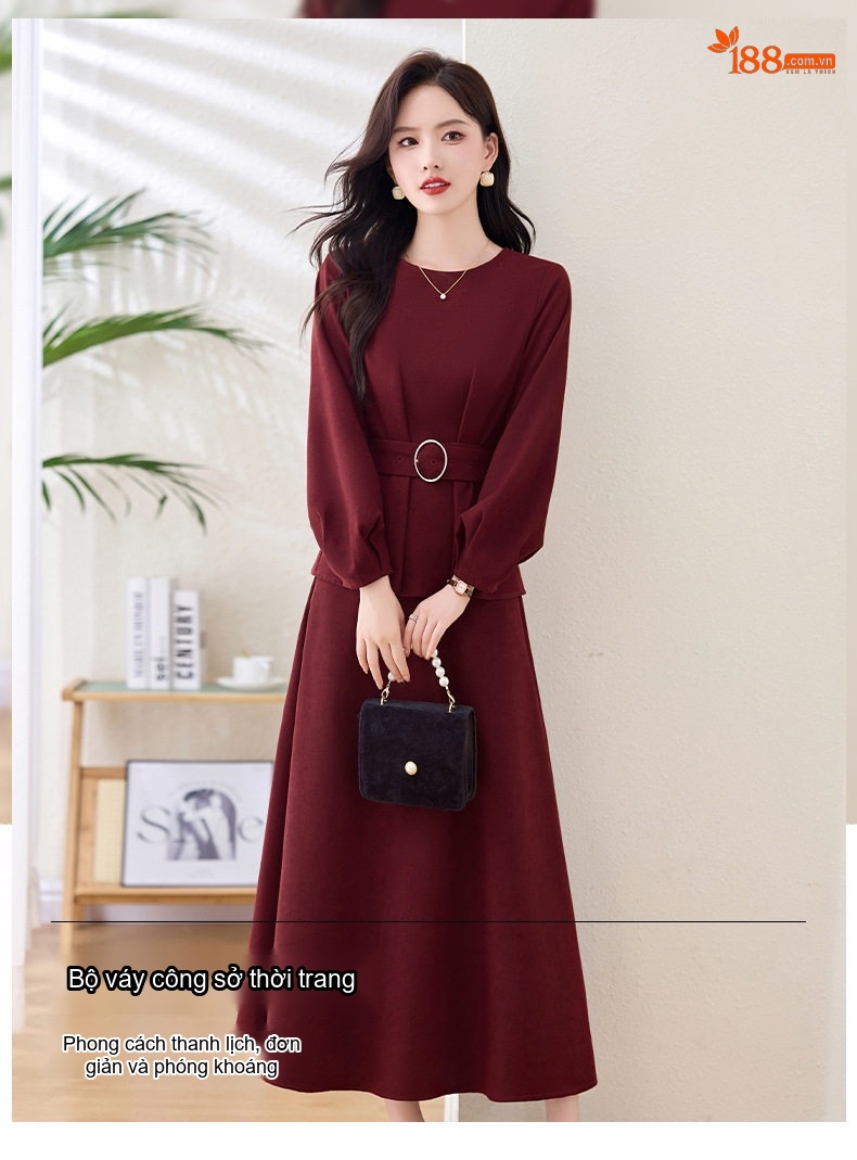Set Bộ Áo Blazer và Chân Váy Midi Thanh Lịch, Quý Phái Màu Đỏ Rượu, Xanh Olive, Đen chi tiết 1