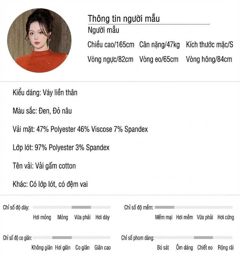 Đầm Ngắn Tay Dài Chiết Eo Đính Đá Sang Trọng Màu Đen, Cam chi tiết 2
