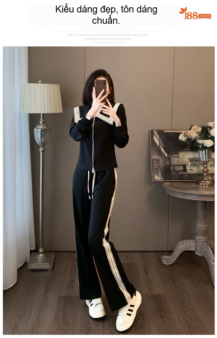 Bộ Đồ Nữ Áo Khoác Dáng Rộng Quần Ống Rộng Dây Rút Thể Thao Phong Cách Thời Trang Màu Đen chi tiết 4
