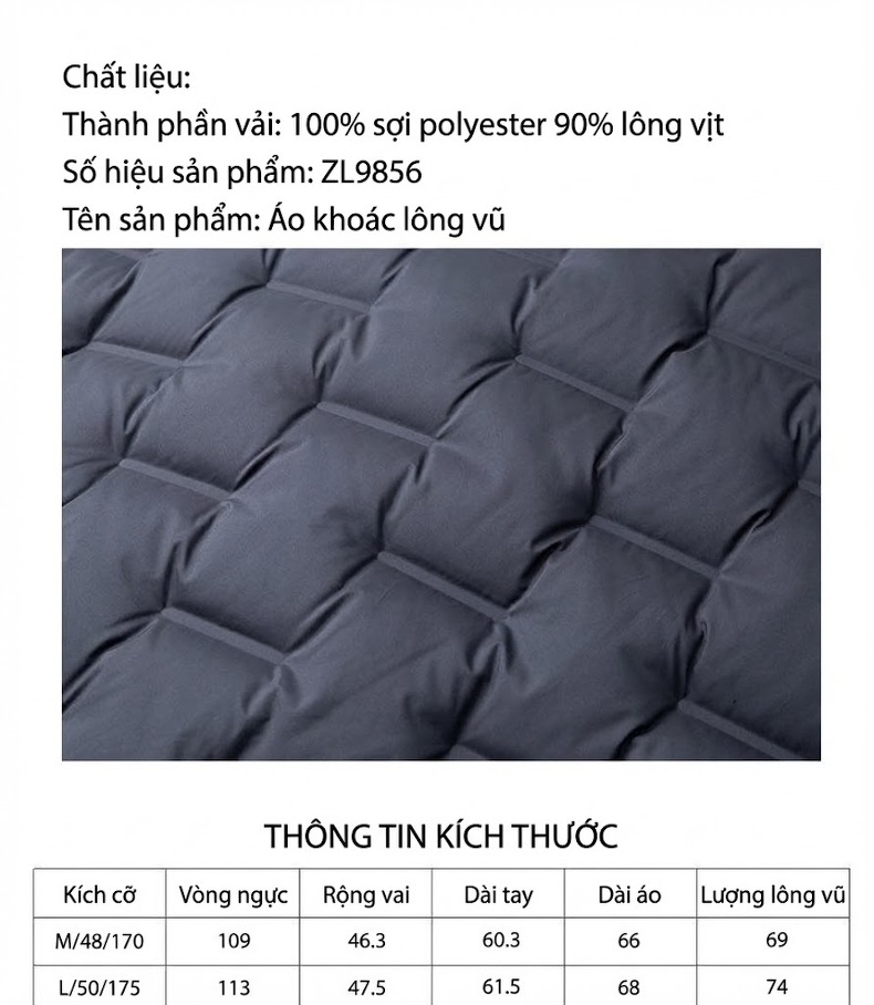 Áo Khoác Phao Nam 90% Lông Vịt Dáng Ôm Khóa Kéo Cổ Đứng Giữ Ấm Màu Xám, Xanh Đen, Xanh Rêu chi tiết 1
