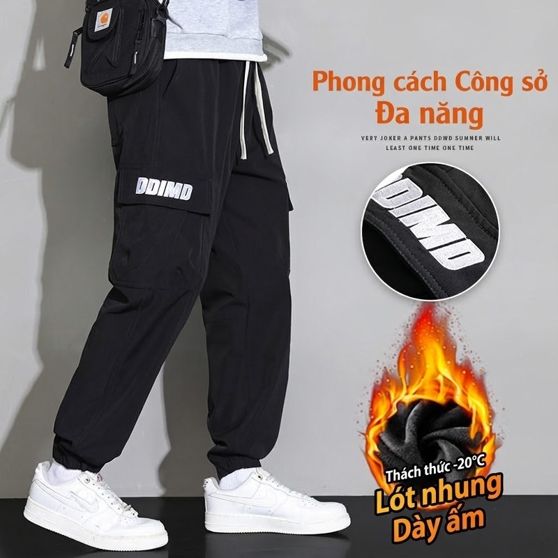 Quần dài nam ống bo gấu lót lông dáng thể thao nhiều túi