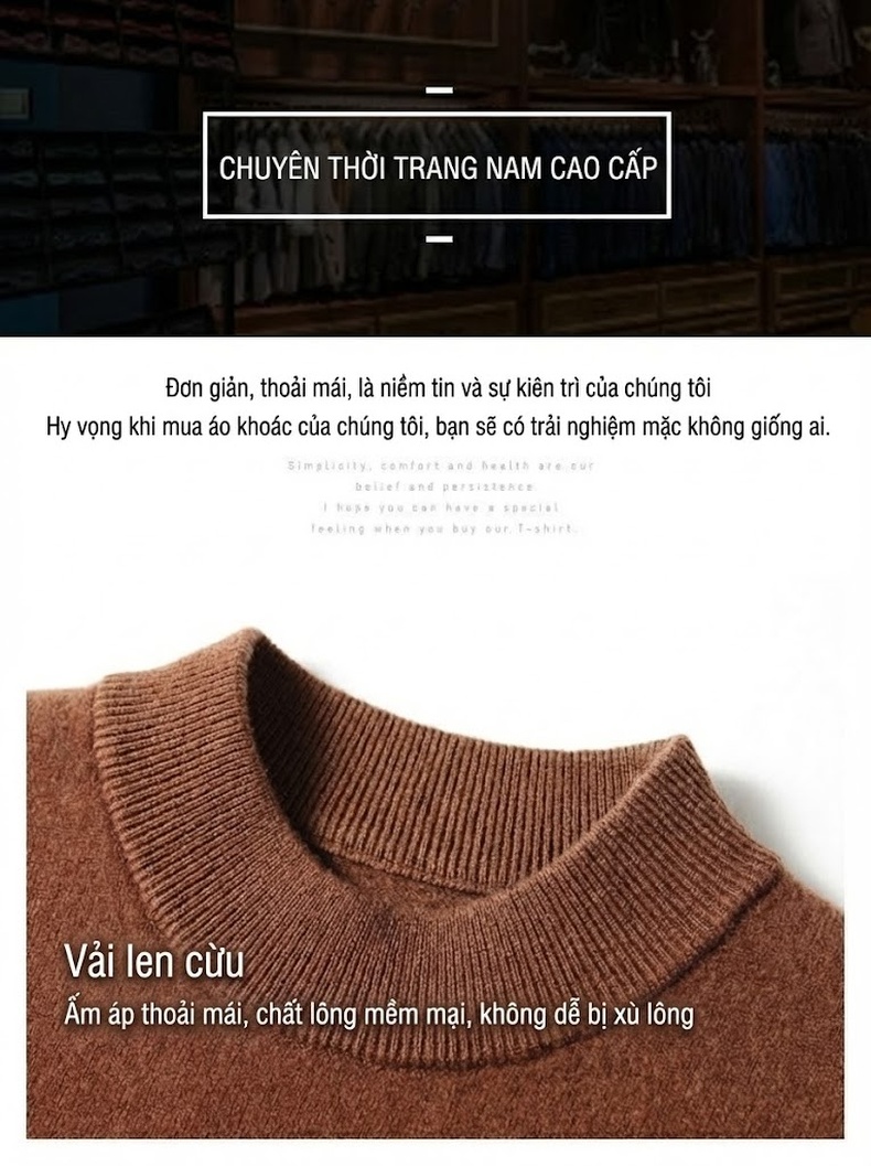 Áo Len Nam 100% Lông Cừu Cổ Lọ Dáng Ôm Thu Đông Màu Nâu, Be, Xám... chi tiết 7
