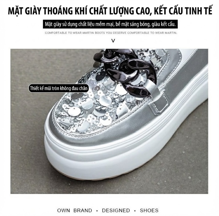 Giày Lười Nữ Đế Bánh Mì Da Bóng Lấp Lánh Chiều Cao Đế 8cm Màu Đen, Bạc chi tiết 10
