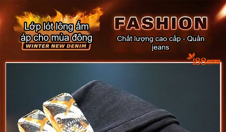 Quần Jean Nam Ống Đứng Co Giãn Thoải Mái Lót Lông Màu Đen, Xanh Đậm chi tiết 3