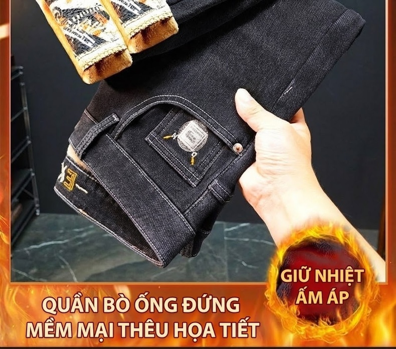 Quần Jean Nam Ống Đứng Co Giãn Thoải Mái Lót Lông Màu Đen, Xanh Đậm chi tiết 4
