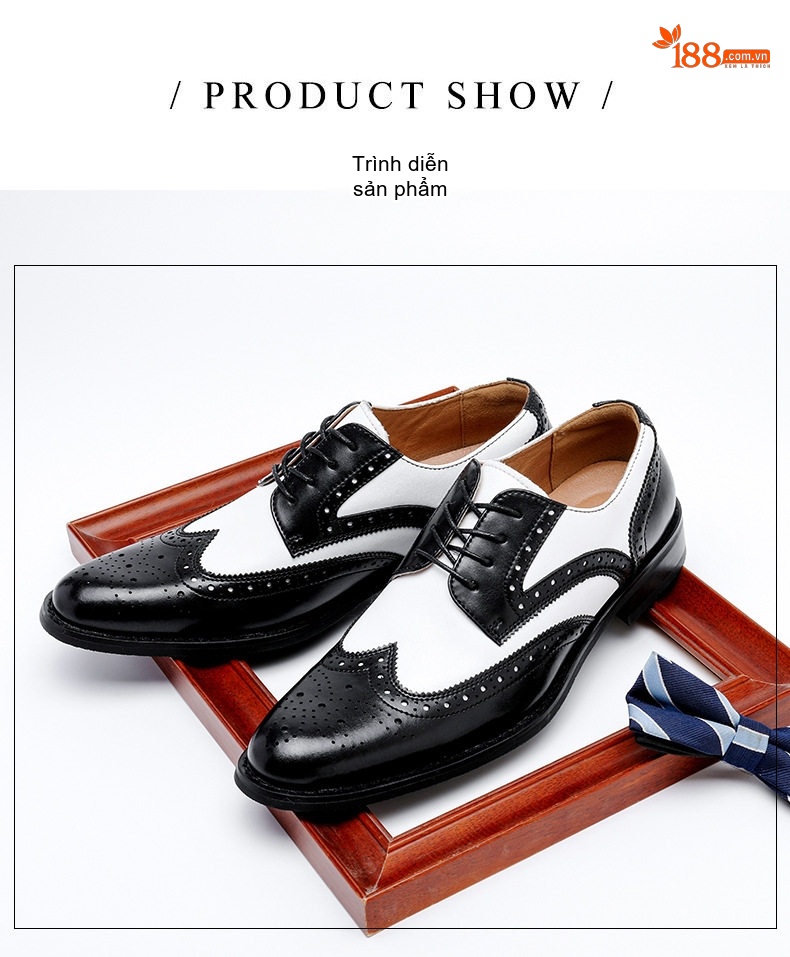 Giày Tây Buộc Dây Nam Da Thật Brogue Phối Màu Chiều Cao Đế Khoảng 3cm Màu Đen, Trắng, Nâu chi tiết 9
