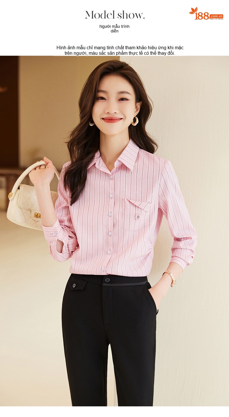 Áo Sơ Mi Nữ Dài Tay Kẻ Sọc Phong Cách Hàn Quốc Thanh Lịch Màu Hồng, Xanh, Trắng chi tiết 17