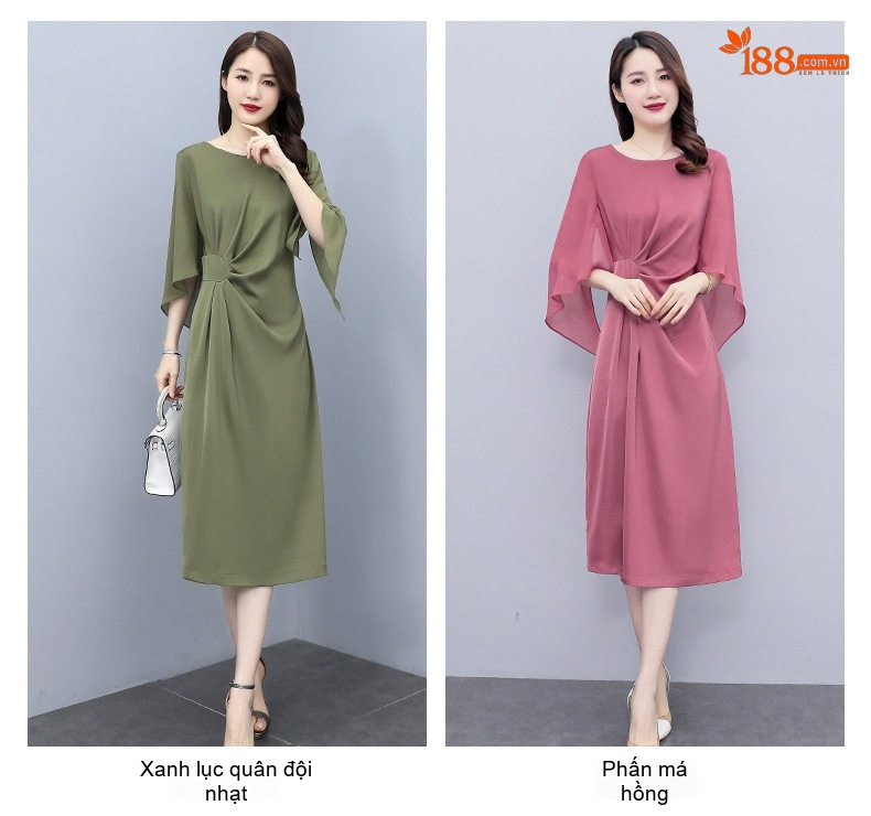 Váy liền thân Nữ Dáng Ôm Eo Phong Cách Pháp Thanh Lịch Màu Xanh, Nâu, Xanh Lá, Hồng... chi tiết 11