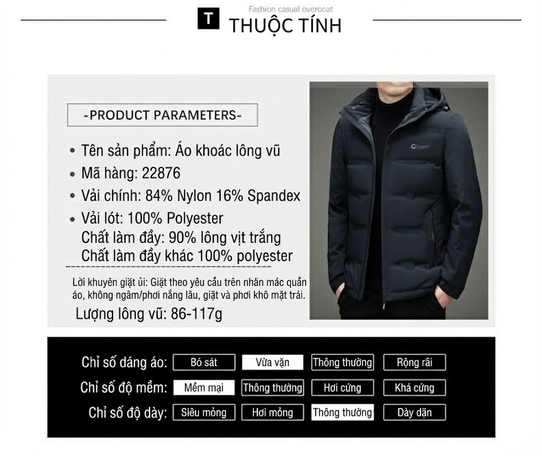 Áo Khoác Phao Nam Ngắn Tay Dài Có Mũ Trùm Đầu Chống Gió Giữ Ấm Màu Đen, Xám chi tiết 11