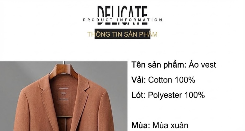 Áo Vest/Blazer Nam Cotton Mỏng Lót Viền Màu Kem, Xanh Lam, Nâu, Xanh Navy... chi tiết 3