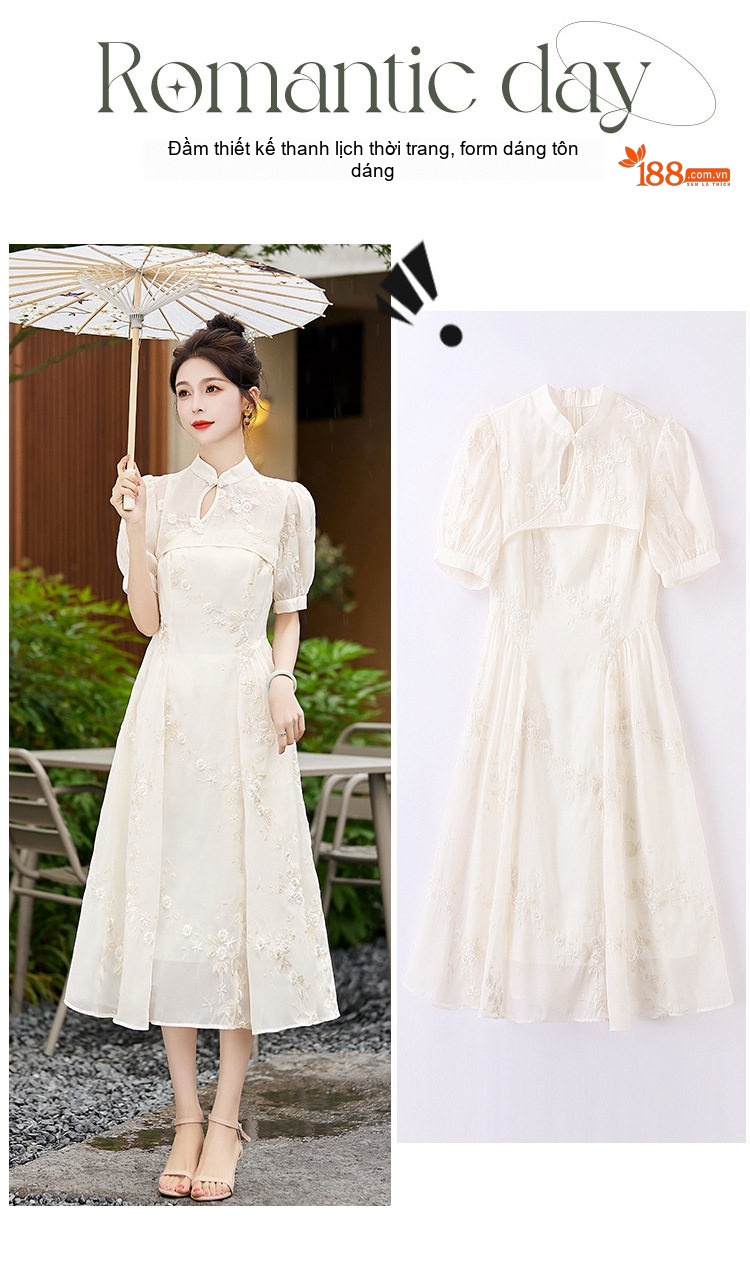 Váy Sườn Xám Cách Tân Nữ Tay Bồng dáng chữ A Phong Cách Cổ Điển Màu Trắng Kem chi tiết 6