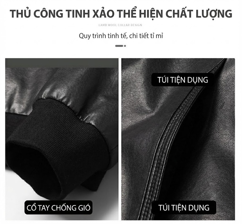 Áo Khoác Da Thật Nam Kiểu Biker Cổ Bóng Chày Thời Trang Màu Đen chi tiết 4