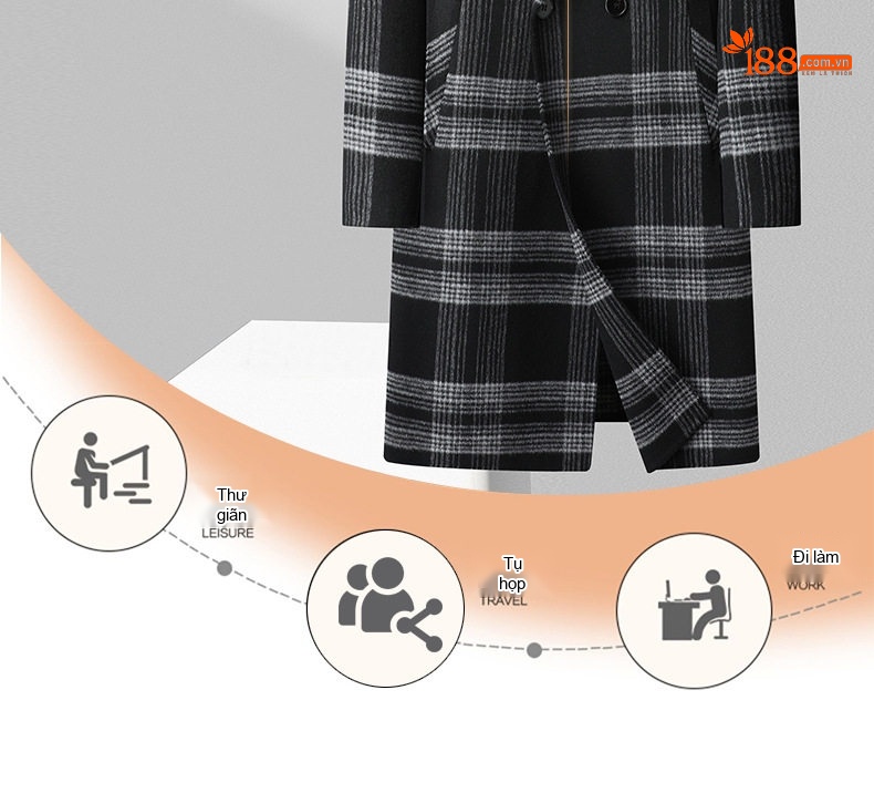 Áo Khoác Dạ Nam Hai Mặt Dáng Dài Kẻ Ô Vuông Màu Đen, Xám chi tiết 3