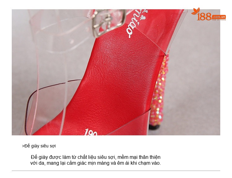 Giày Sandal Cao Gót Nữ Quai Trong Đính Đá Gót Cao 13cm Màu Đỏ, Đen, Bạc, Xanh Lá... chi tiết 5