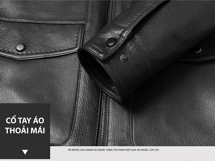 Áo Khoác Da Thật Nam Cổ Bẻ Dáng Ngắn Màu Đen chi tiết 9