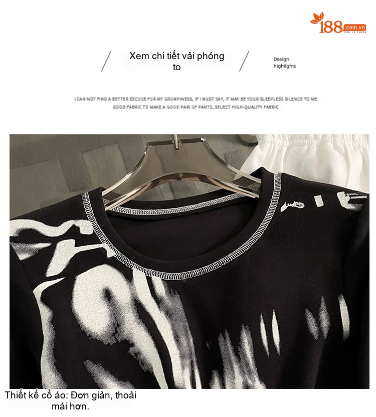 Set Bộ Nữ Áo Thun Tay Dài Quần Ống Rộng Cotton Phong Cách Casual Màu Đen, Trắng chi tiết 7