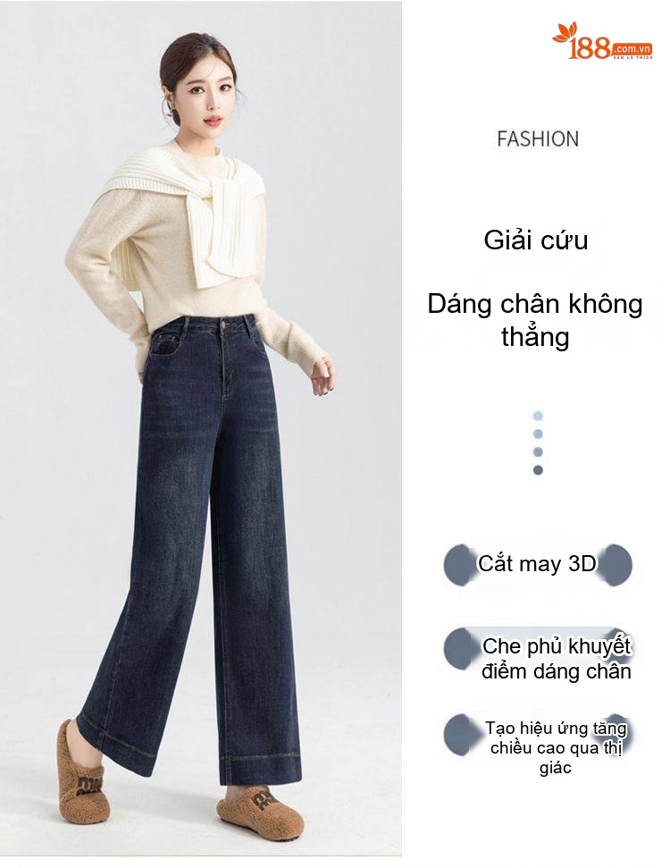Quần Ống Rộng Nữ Lưng Cao Thu Đông Dáng Suông Co Giãn Thoải Mái Màu Xanh Đen chi tiết 6