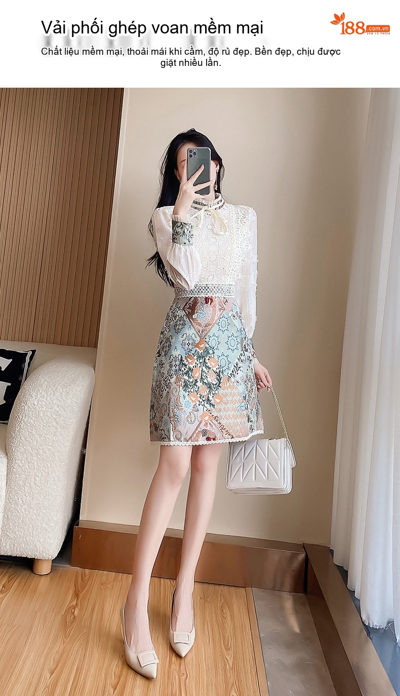 Váy Đầm Nữ Tay Dài Cổ Tàu Họa Tiết Thêu Hoa phối Ren Phong Cách Pháp chi tiết 5