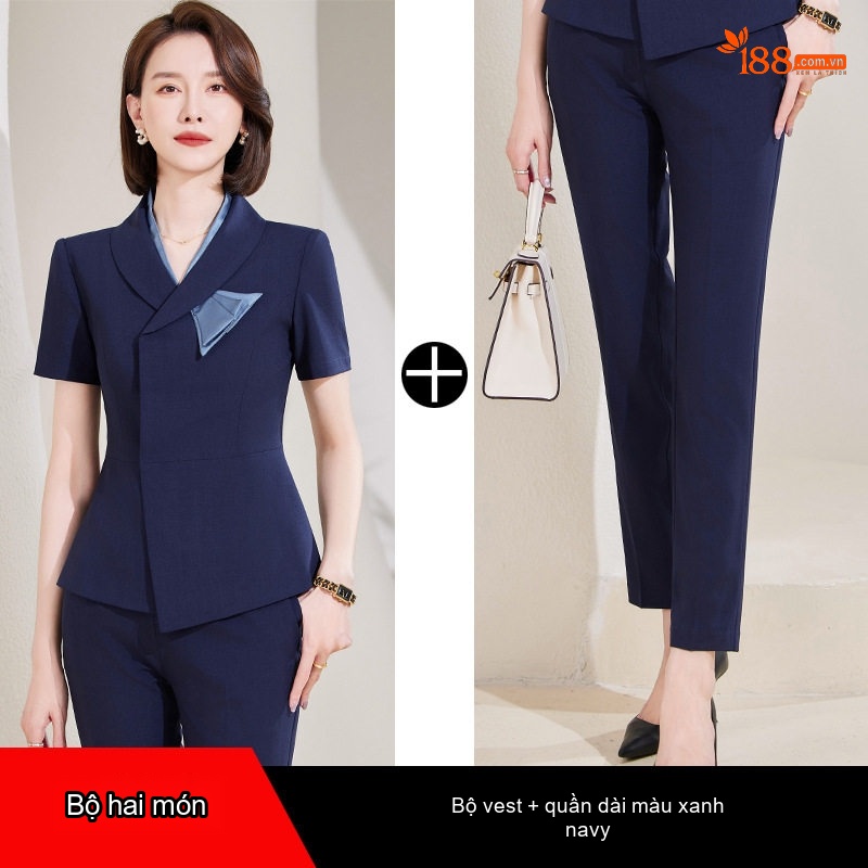 Set Bộ Vest Công Sở Nữ Tay Ngắn Thiết Kế Thanh Lịch Màu Đen, Xanh Navy