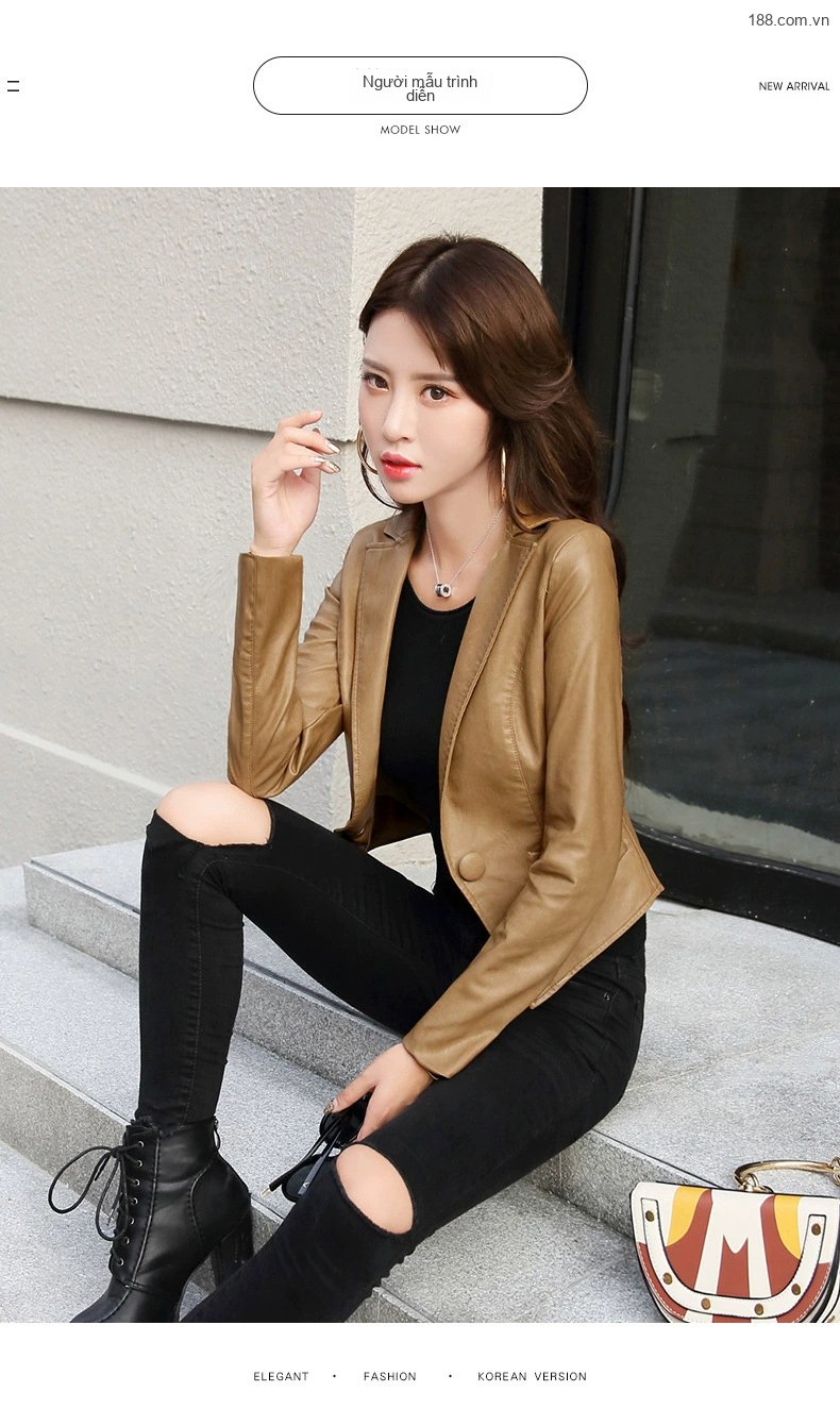 Áo Khoác Blazer Nữ Da PU Dáng Ôm Ngắn Phong Cách Hàn Quốc Màu Nâu, Đỏ, Xanh Lá chi tiết 7
