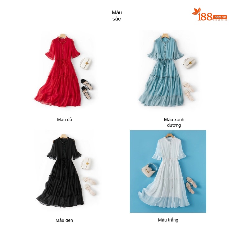 Váy Lụa Tằm Thượng Hạng Ren Móc Hoa Đính Hạt Cườm Dáng Dài Đi Biển Màu Xanh, Trắng, Đỏ, Đen chi tiết 4