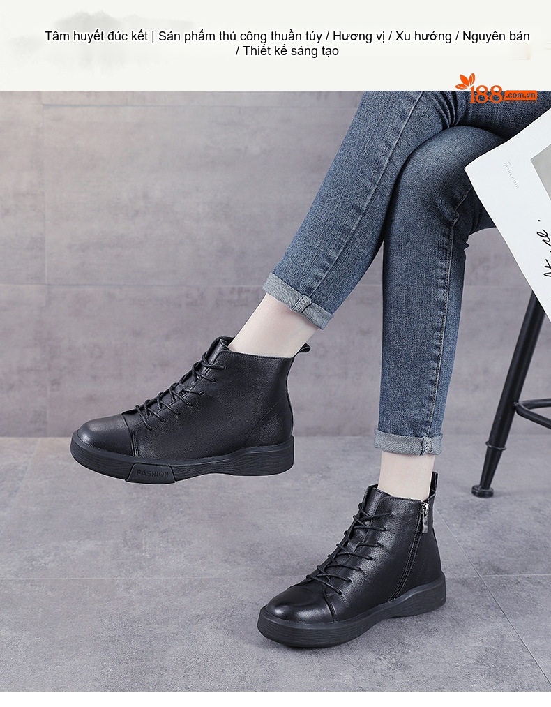 Boot Nữ Da Bò Cổ Lửng Khóa Bên Hông Chiều Cao Đế Khoảng 3cm Màu Đen, Nâu chi tiết 1