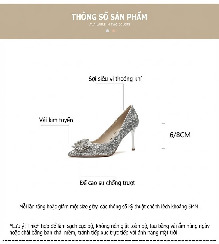 Giày Cao Gót Nữ Mũi Nhọn Đính Đá Chiều Cao Đế 6cm Màu Bạc chi tiết 4