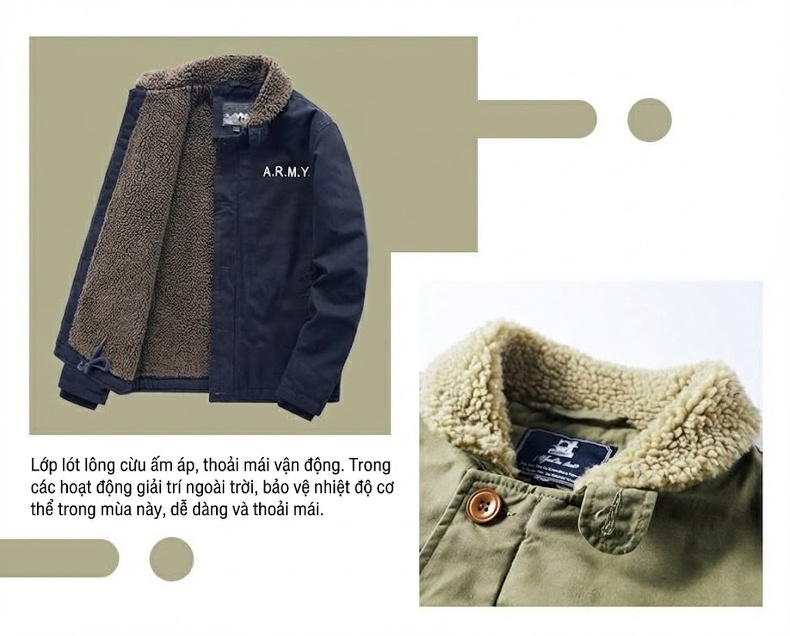 Áo Khoác Bomber Nam Lông Cừu Non Lót Lông Dày Dặn Kiểu Công Sở Màu Xanh Navy, Xanh Rêu chi tiết 9