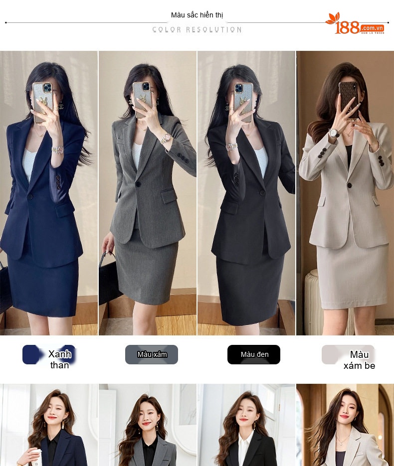 Bộ Vest Nữ Công Sở Dáng Ôm Thanh Lịch Màu Đen, Xám, Xám Gạo, Xanh Than chi tiết 8