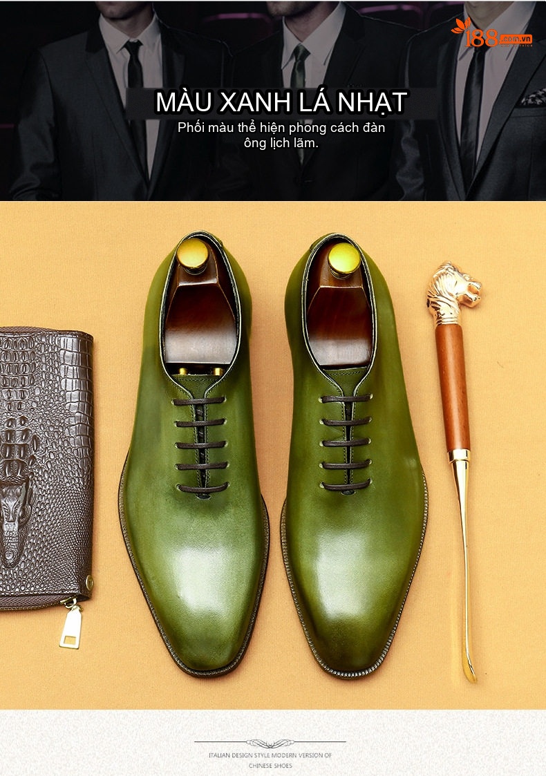 Giày Tây Oxford Buộc Dây Nam Da Bò Nguyên Tấm Chiều Cao Đế Khoảng 3cm Màu Xanh Lá, Nâu chi tiết 3