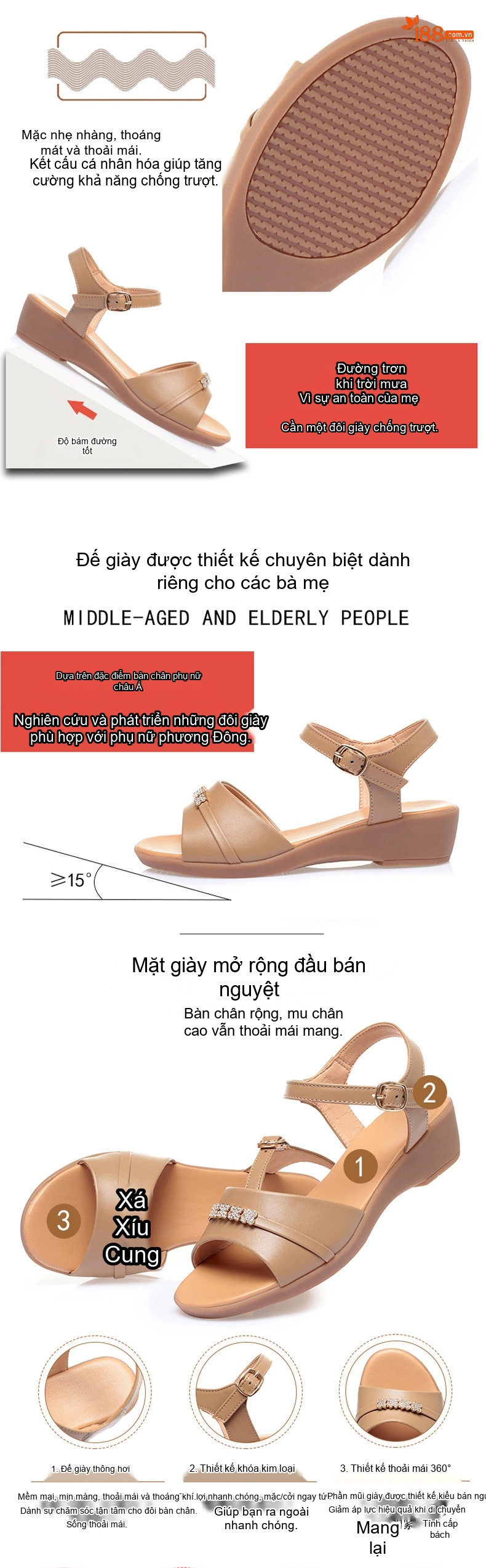 Dép Sandal Nữ Da Thật Quai Ngang Đính Đá Đế Bệt Thoải Mái Đế Cao 3cm - 4cm Màu Kem, Nâu, Đen chi tiết 3
