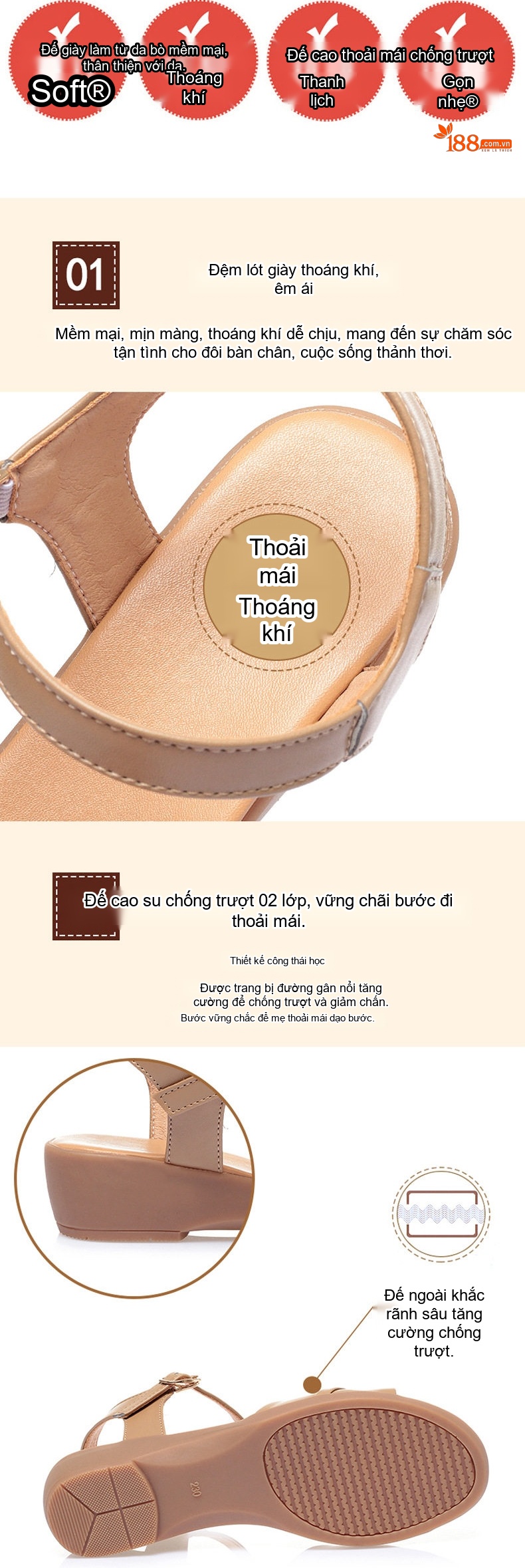 Dép Sandal Nữ Da Thật Quai Ngang Đính Đá Đế Bệt Thoải Mái Đế Cao 3cm - 4cm Màu Kem, Nâu, Đen chi tiết 4