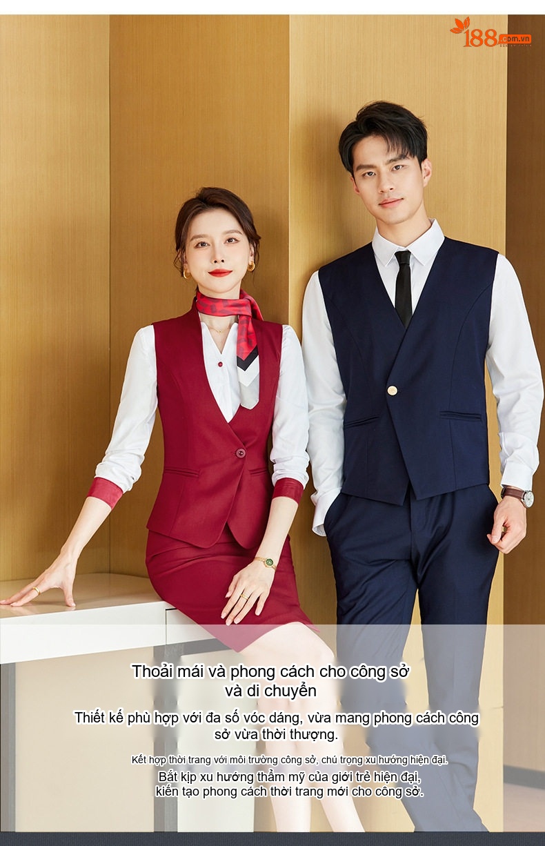 Bộ Vest Công Sở Nam Nữ Áo Ghile Quần Dài Công Nhân Lễ Tân Khách Sạn Màu Xám, Xanh Navy, Đỏ chi tiết 5