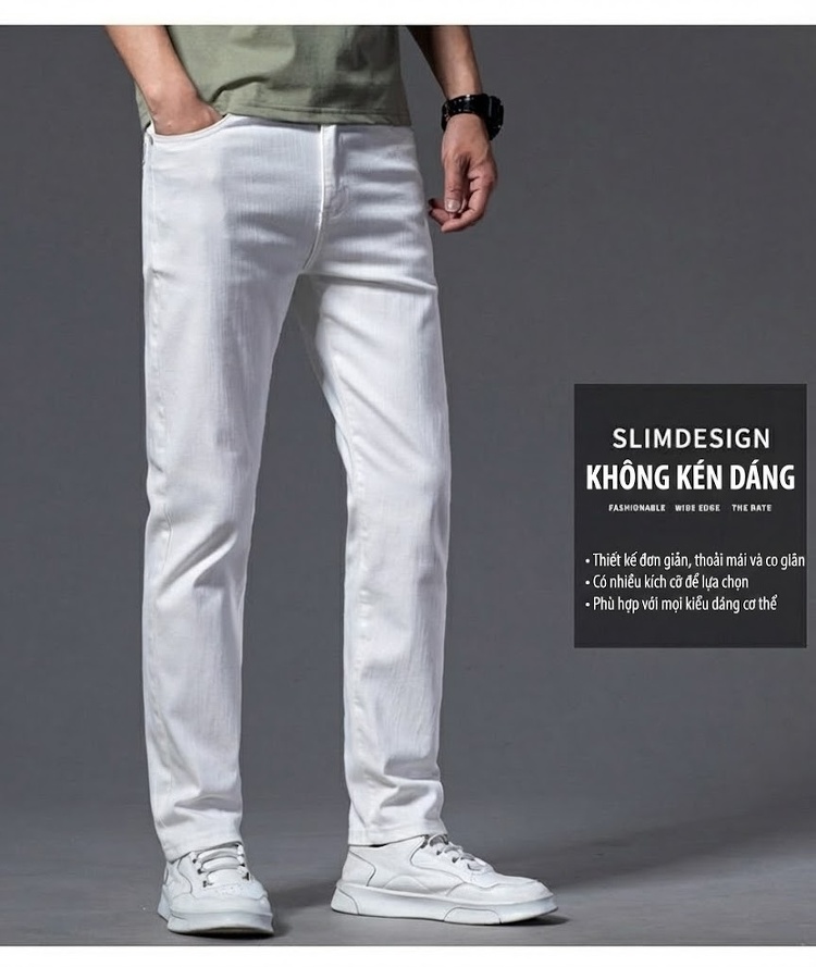 Quần Jean Dài Nam Cotton Co Giãn Dáng Ôm Màu Trắng, Đen chi tiết 3