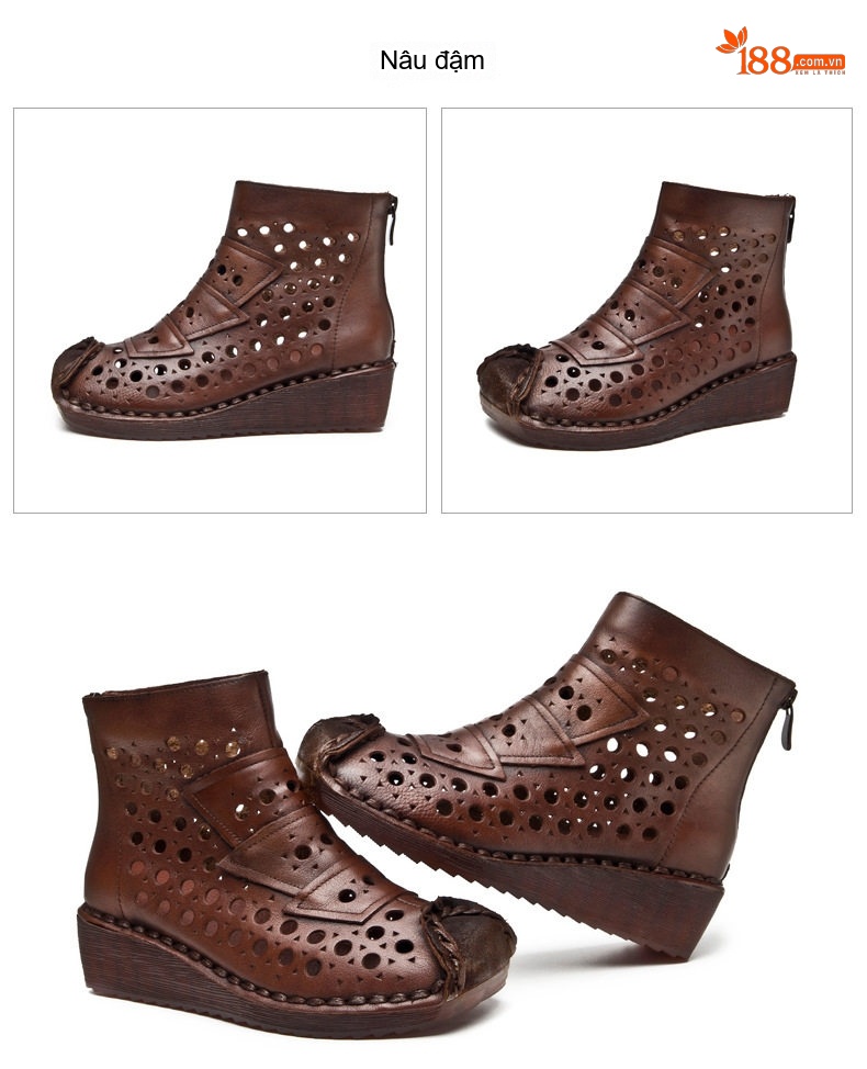 Giày Boot Nữ Da Bò Lỗ Thoáng Khí Gót Xuồng Chiều Cao Đế Khoảng 4cm Màu Nâu, Đen chi tiết 25