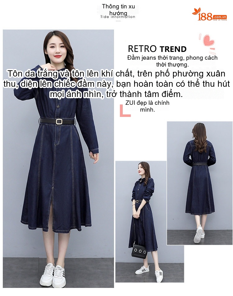 Váy Dài Tay Nữ Denim dáng chữ A Cổ Điển Thanh Lịch chi tiết 2